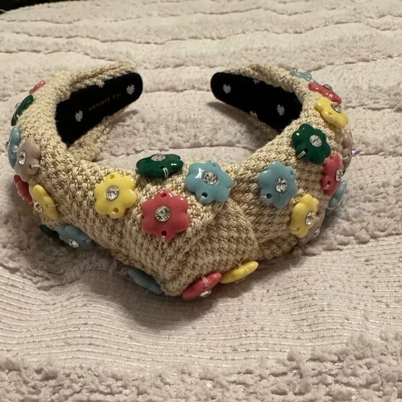 Lele Sadoughi Daphne Floral Charm Knotted Headband in Rainbow & Tan Raffia - Picture 6 of 7